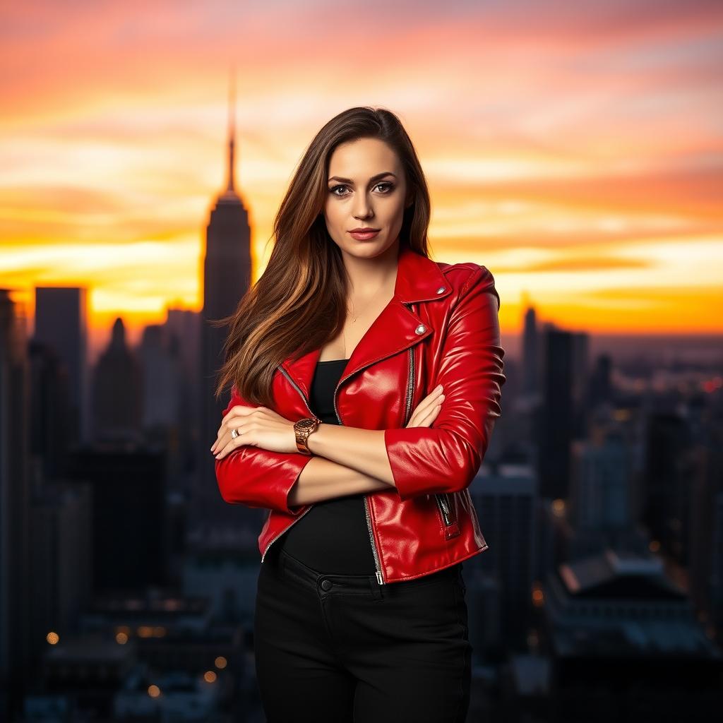 A striking portrait of a confident woman in her 30s with long, flowing brown hair, wearing a stylish red leather jacket and black jeans