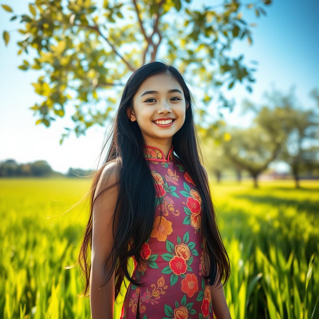 A beautiful young girl with long, flowing black hair, wearing a vibrant traditional Vietnamese dress (ao dai) with intricate floral patterns