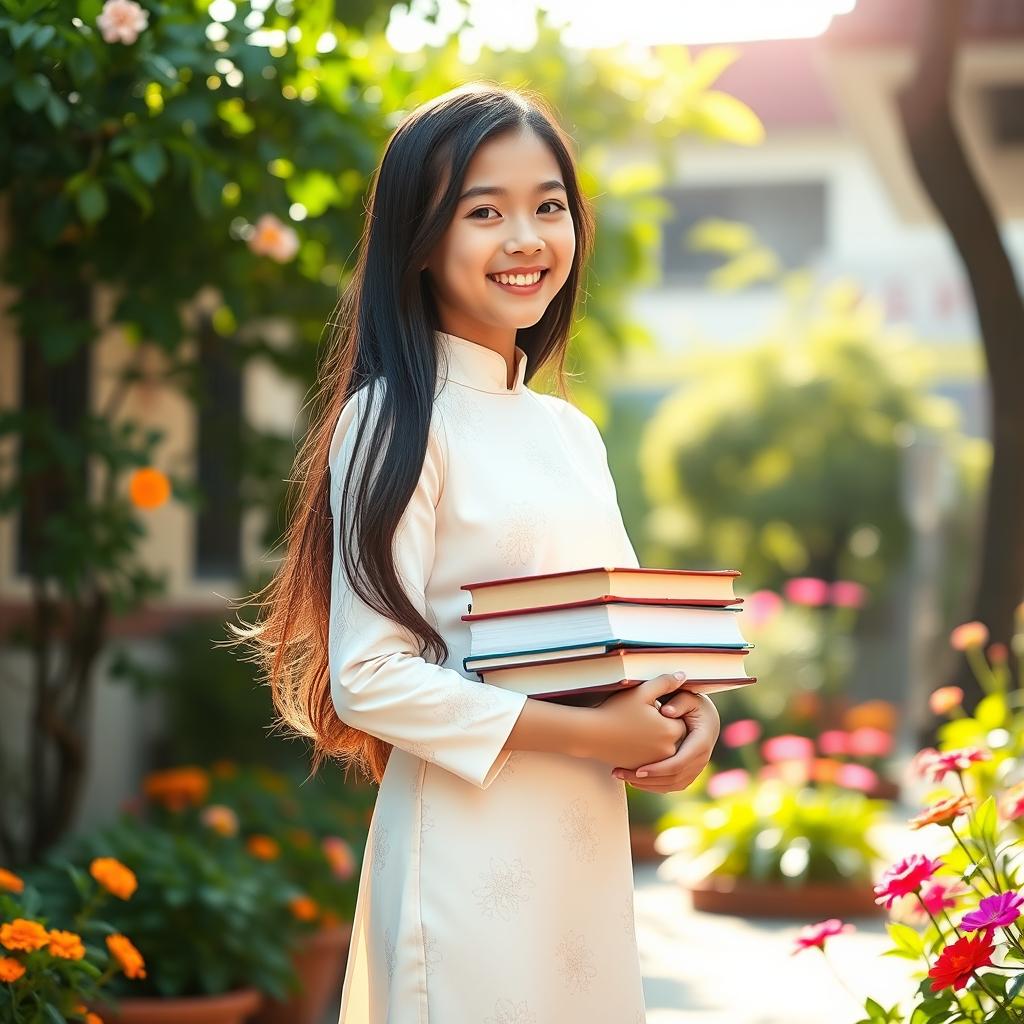 A Vietnamese girl wearing a traditional school Ao Dai, a beautiful and elegant long dress that enhances her grace, standing in a vibrant schoolyard