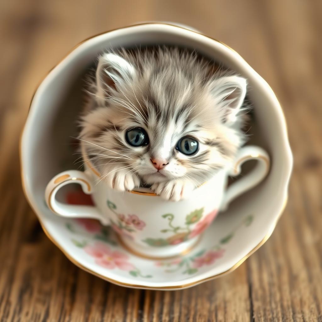 A charming raw photograph of a cute, fluffy kitten nestled inside a delicate teacup