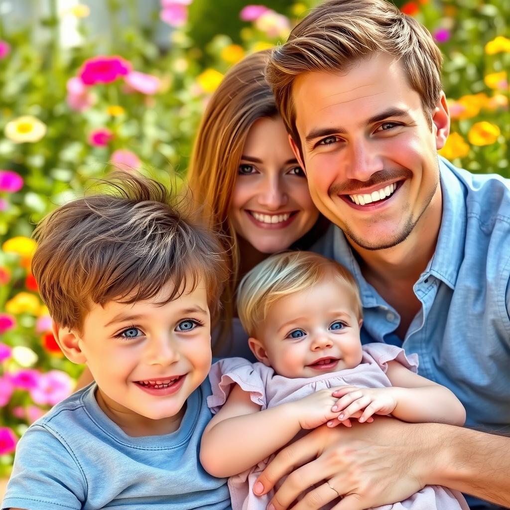 A loving family portrait featuring a toddler boy and a baby girl, both looking adorable and happy