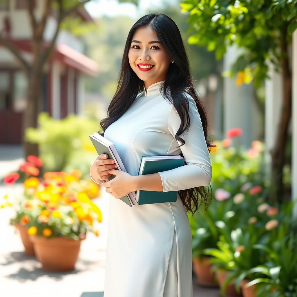 A curvy Vietnamese girl wearing a traditional white school Ao Dai, featuring a beautiful long dress that highlights her figure
