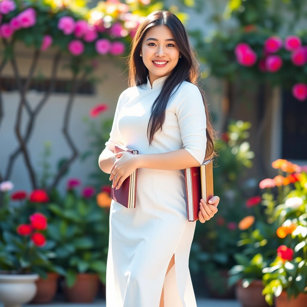 A curvy Vietnamese girl wearing a traditional white school Ao Dai, highlighting her figure with elegance and grace