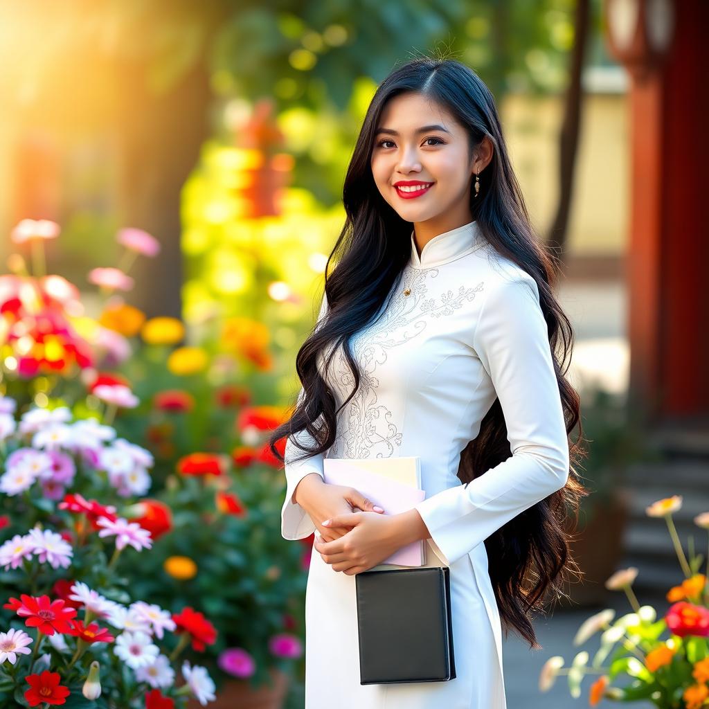 A beautiful curvy Vietnamese girl with a slim waist wearing a traditional white school Ao Dai