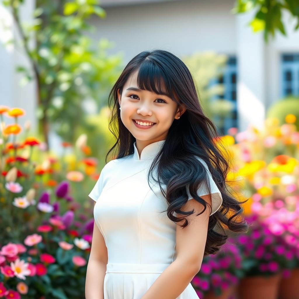 A cute, curvy Vietnamese girl with a slim waist and a charming face, wearing a traditional white school Ao Dai