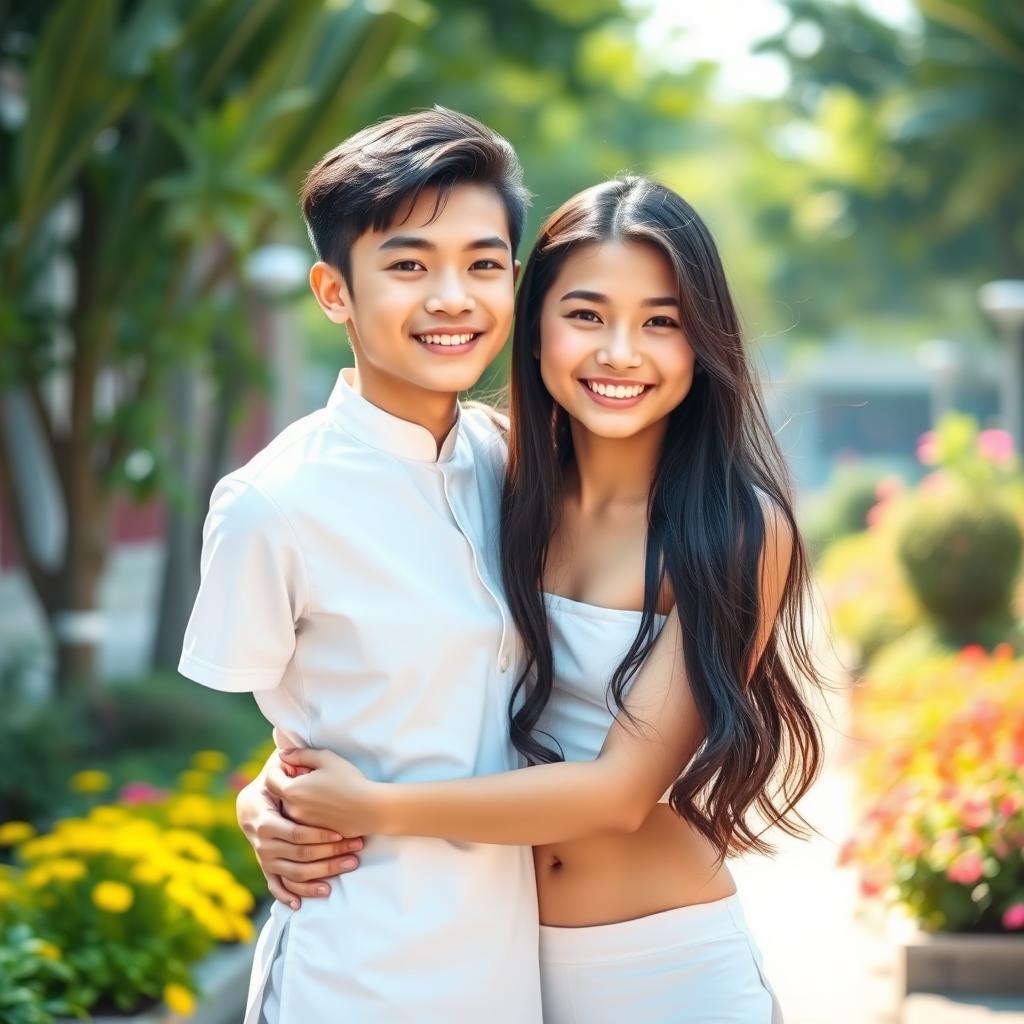A cute, curvy Vietnamese girl with a slim waist and a charming face, wearing a traditional white school Ao Dai