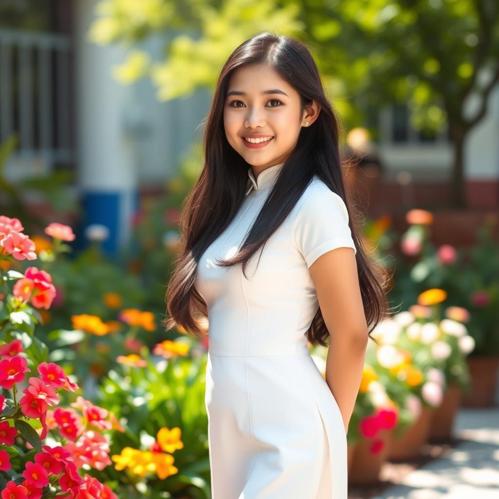 A cute Vietnamese girl with a curvy figure and a slim waist, adorned in a beautiful white school Ao Dai