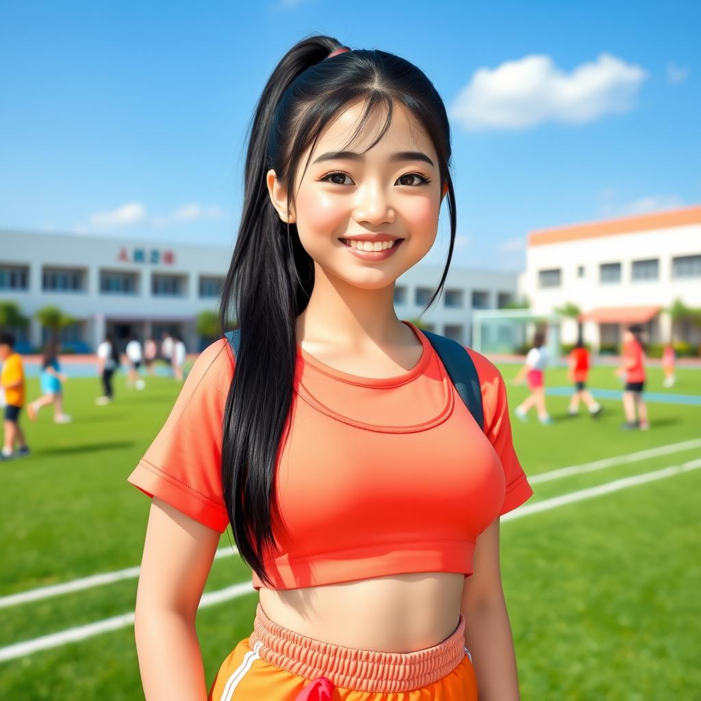 A beautiful and cute Vietnamese girl with a curvy figure and a slim waist, wearing a stylish school gym outfit