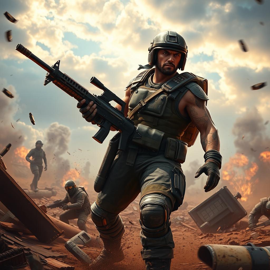 A dynamic battle royale scene featuring a rugged warrior holding a powerful weapon, amidst a chaotic landscape filled with debris and the remnants of a fierce battle