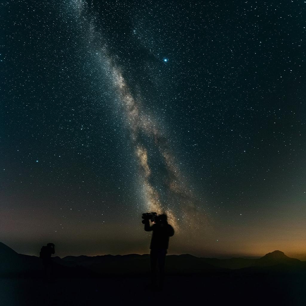 A silhouette of a black photographer capturing the mesmerizing Milky Way night sky