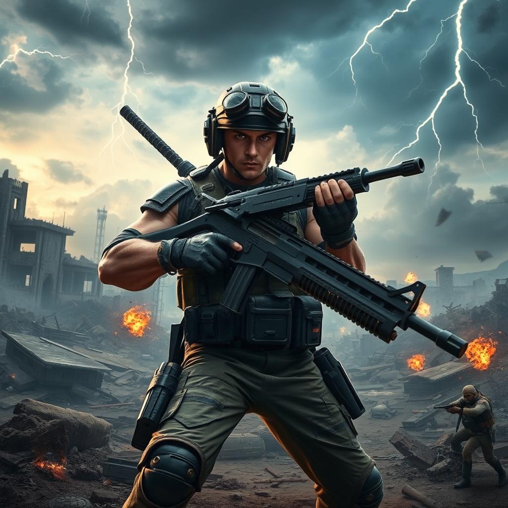 A thrilling battle royale scene featuring a fierce warrior holding a weapon, positioned in an intense stance ready for action