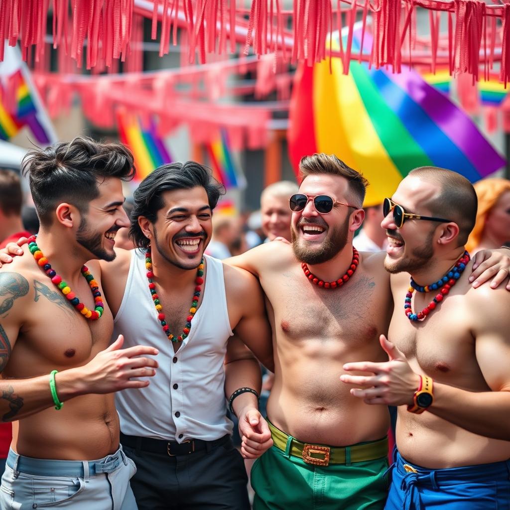 A joyful group of gay men having fun at a vibrant pride festival, dressed in colorful outfits and accessories, surrounded by rainbow flags and a festive atmosphere