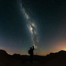 A silhouette of a black photographer capturing the mesmerizing Milky Way night sky