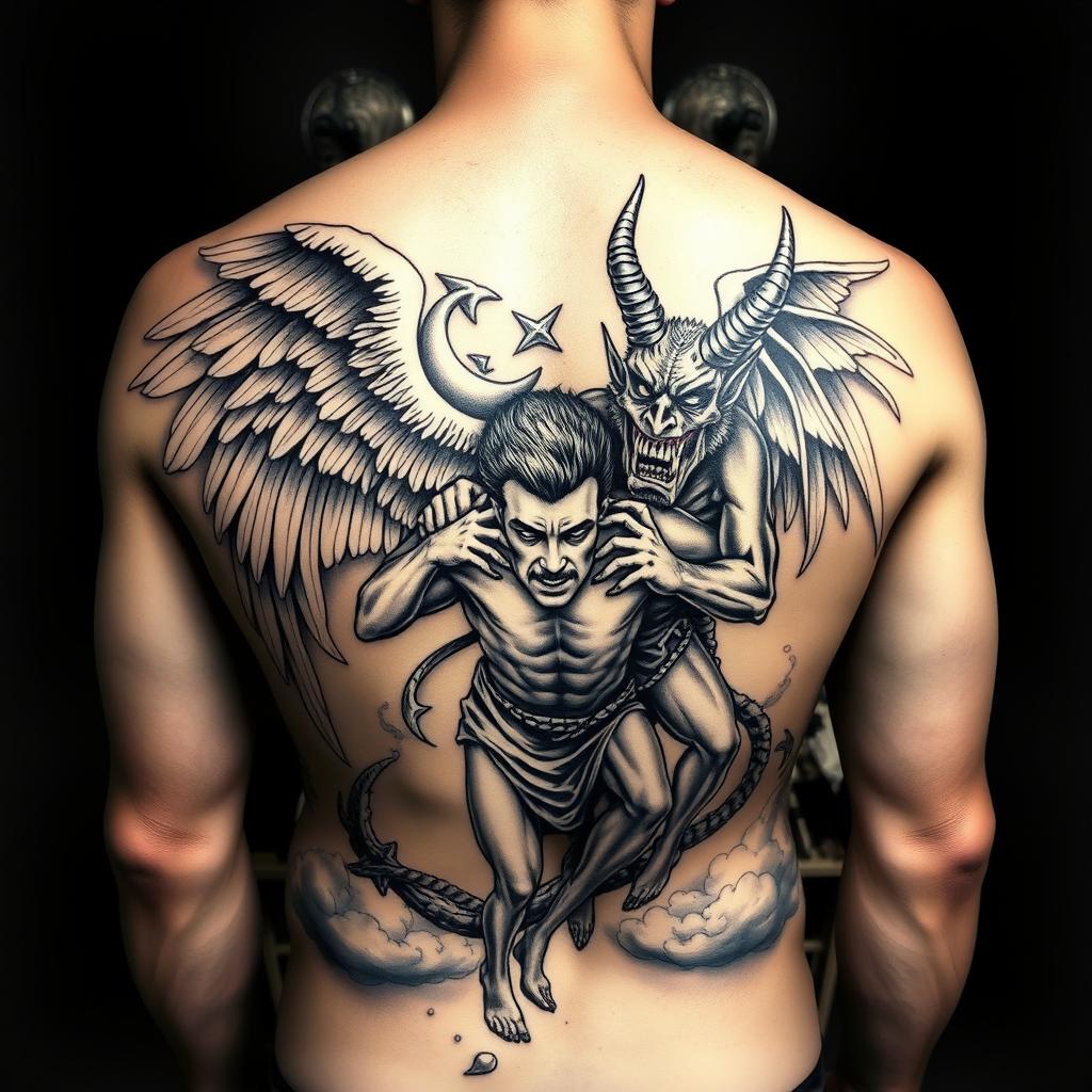A detailed back tattoo design featuring an angel and a demon pulling a man between them