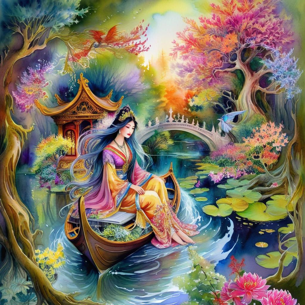 Mystical and spiritual watercolor painting of a beautiful woman sitting inside a royal boat on a beautiful and peaceful pond in a dense forest with cypress trees, plane trees, grapevines, winding bonsai trees, and a whirlwind of colorful flowers and beautiful.