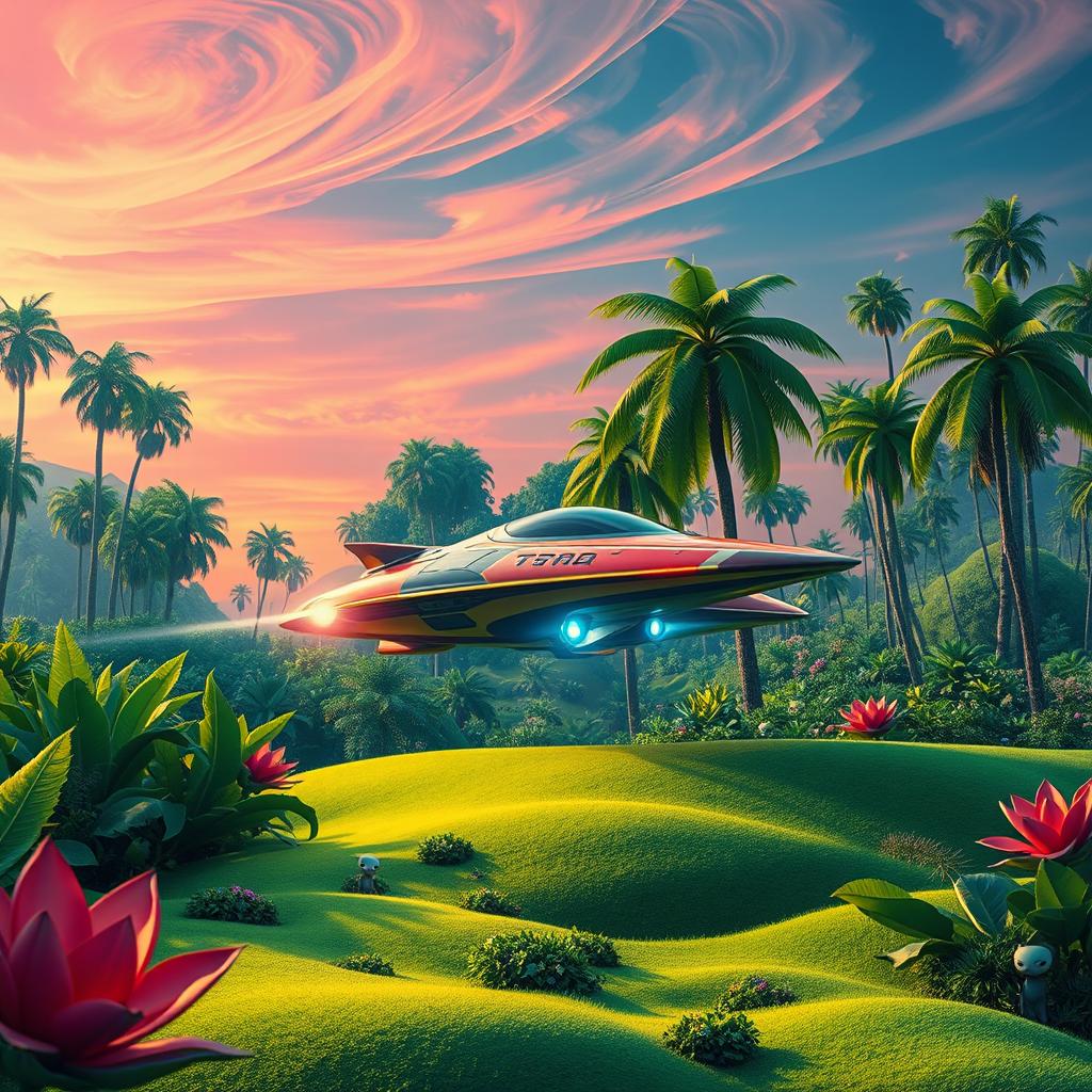 A dramatic scene depicting a colorful, futuristic spacecraft gently landing on a lush, green alien planet filled with vibrant flora and towering, exotic trees