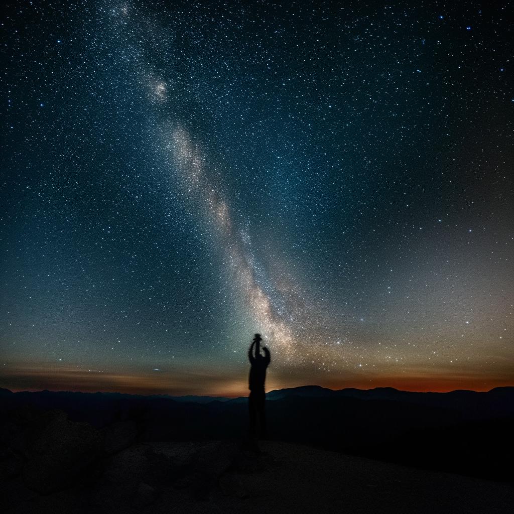 A silhouette of a black photographer capturing the mesmerizing Milky Way night sky