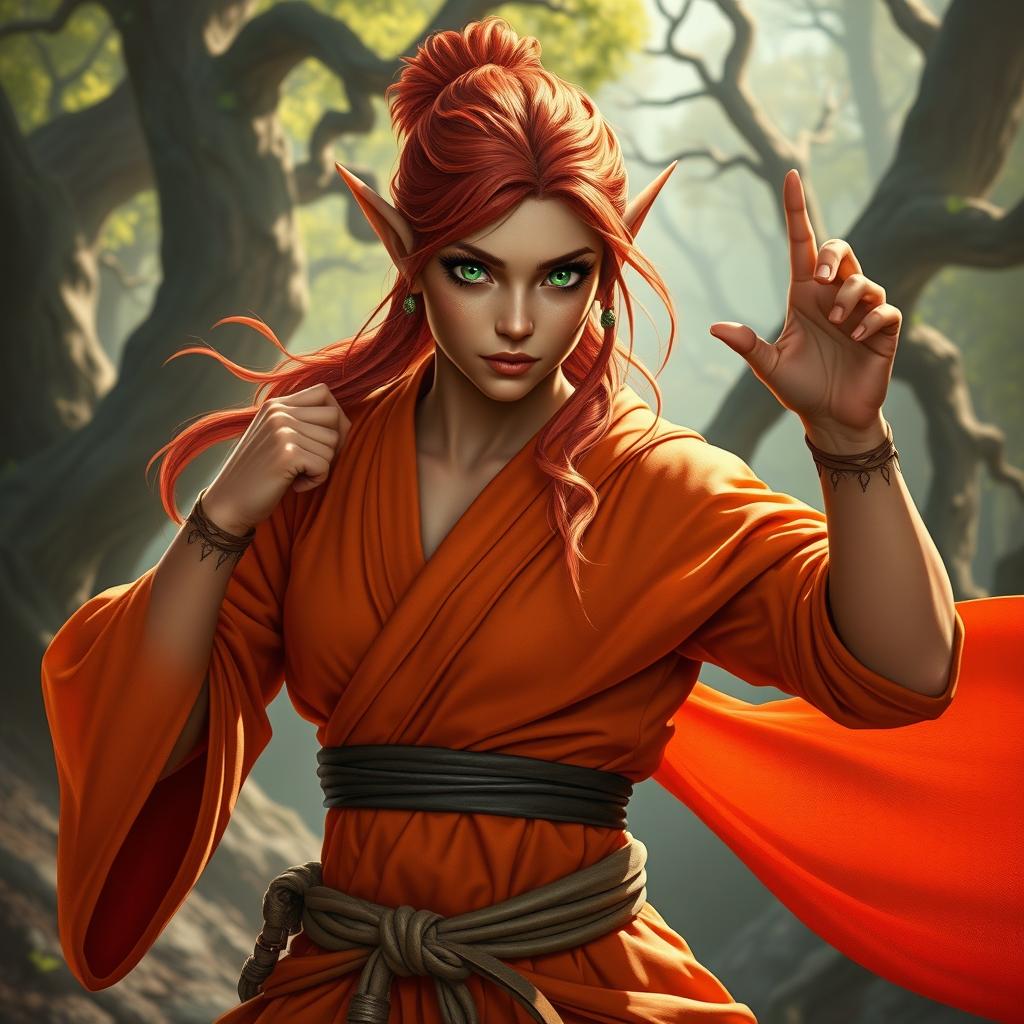 A tough female wood elf monk with striking red hair, smooth copper skin, and vibrant green eyes