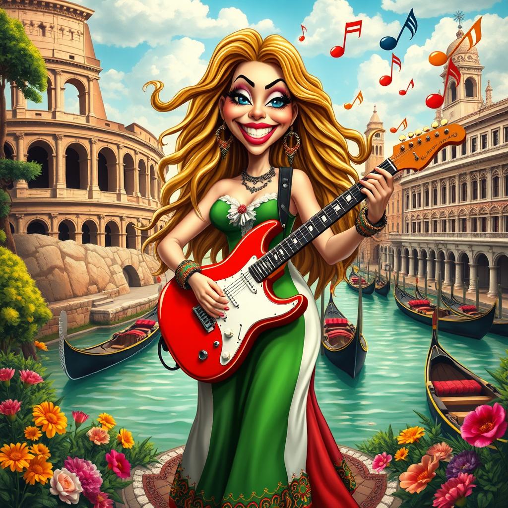 A surreal and whimsical interpretation of Shakira, embodying the essence of Italian culture, featuring vibrant colors and exaggerated, comical elements that resonate with creativity