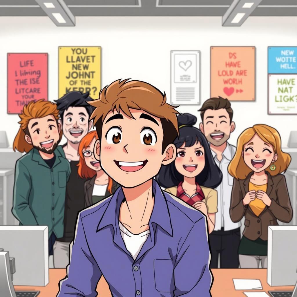 A vibrant and cheerful cartoon scene featuring a group of diverse young adults in an office setting