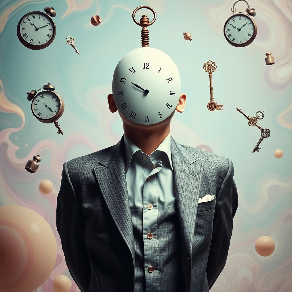 A surrealistic portrait of a person without a head, featuring their upper body dressed in a stylish suit standing in an abstract, colorful environment