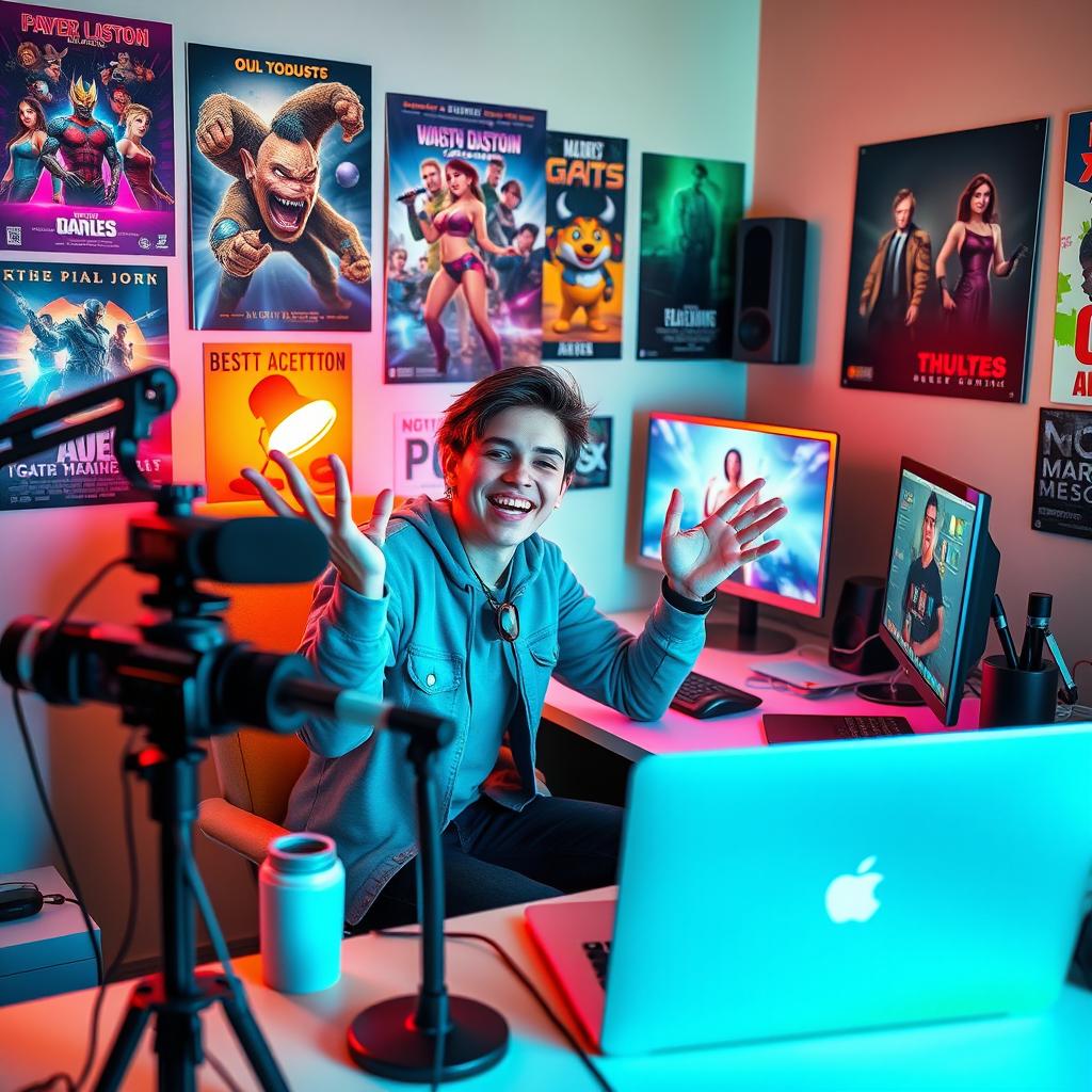 A vibrant and lively scene depicting a YouTuber in the process of creating content