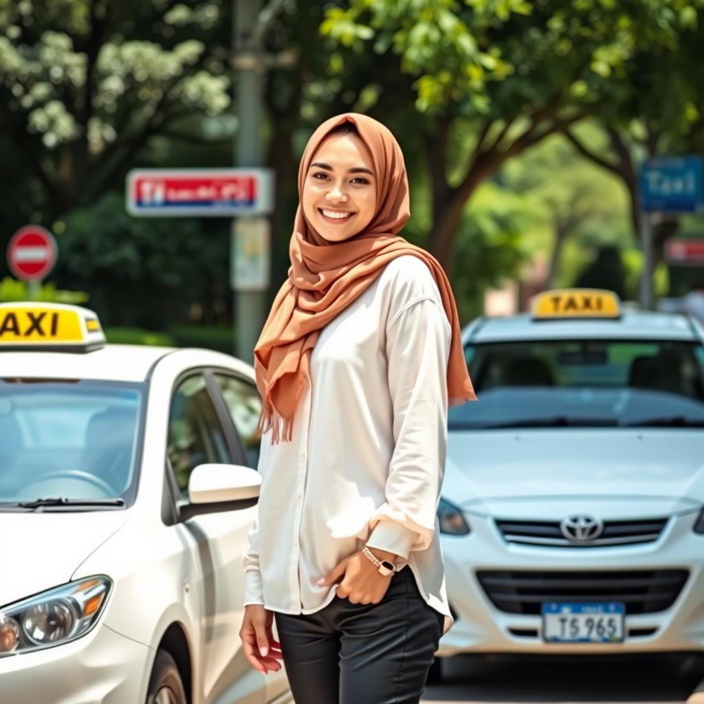 A pretty young woman wearing a stylish hijab and casual attire, standing at a taxi station with a relaxed posture
