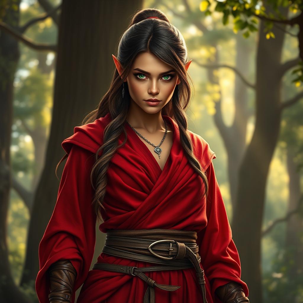A powerful and majestic female wood elf monk, featuring luscious brown hair, smooth copper skin, and intense green eyes