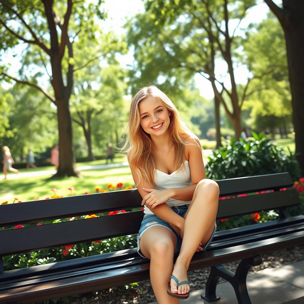 An attractive blonde girl sitting on a bench in a park, wearing flip-flops and casual summer attire