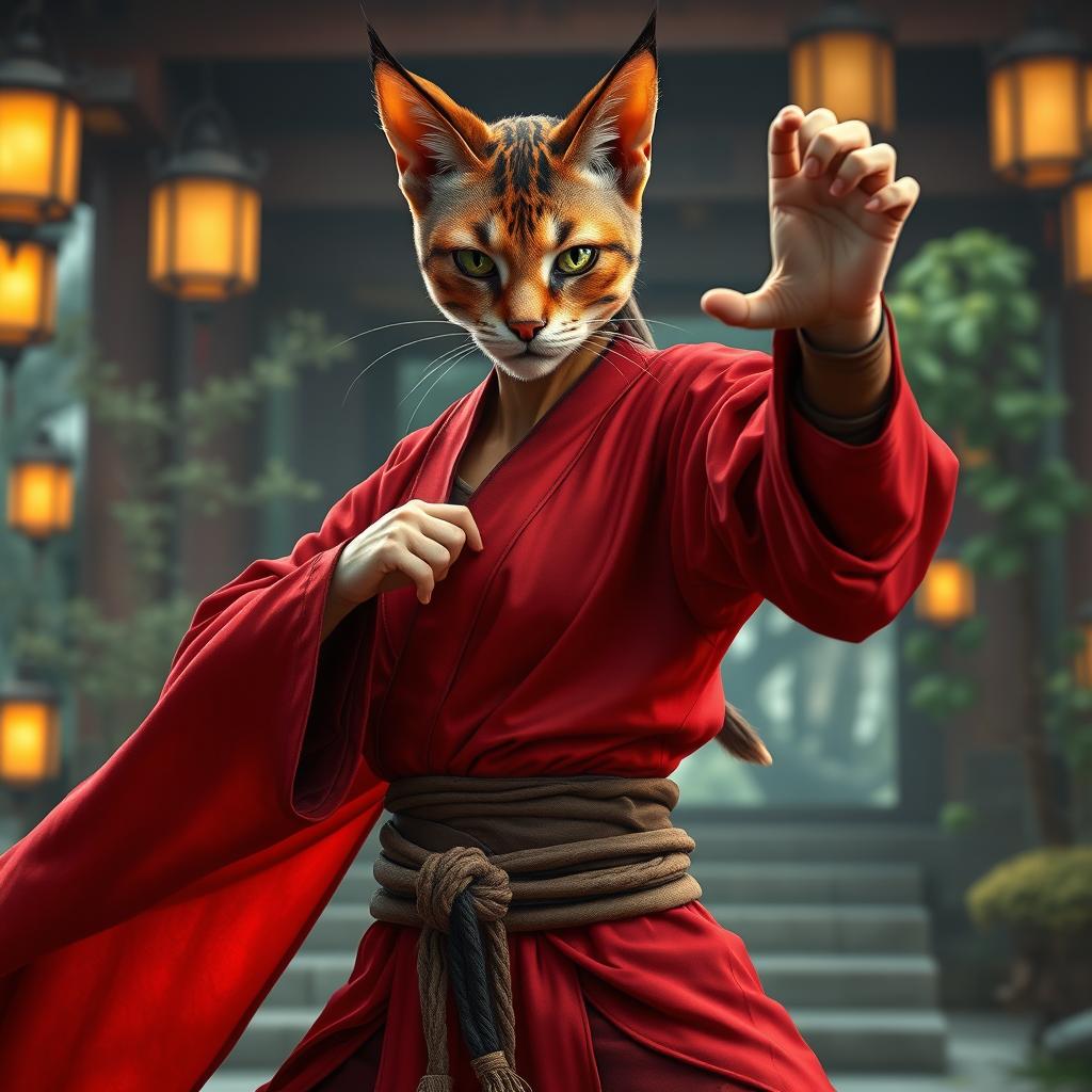 A powerful and majestic female tabaxi monk with striking calico fur and bright green eyes