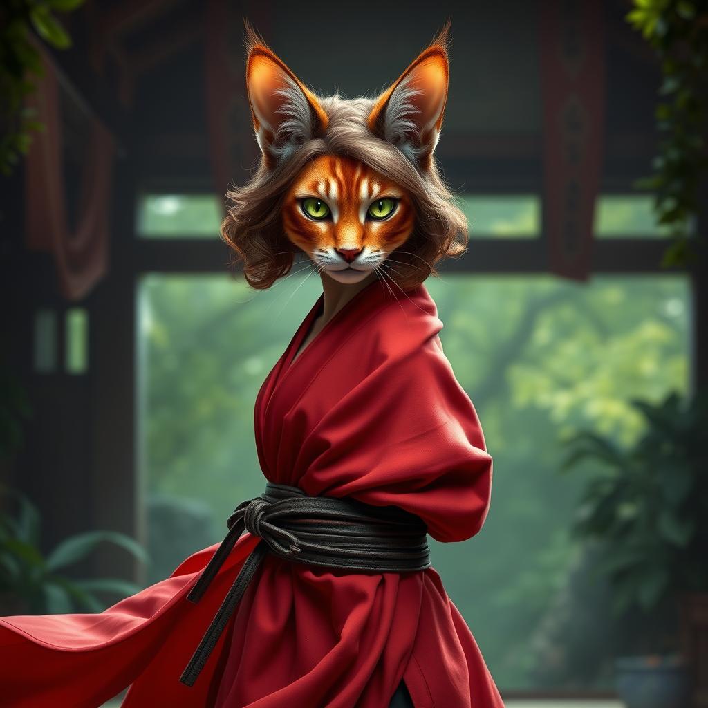 A powerful and majestic female tabaxi monk featuring vibrant calico fur, medium wavy brown hair, and striking green eyes