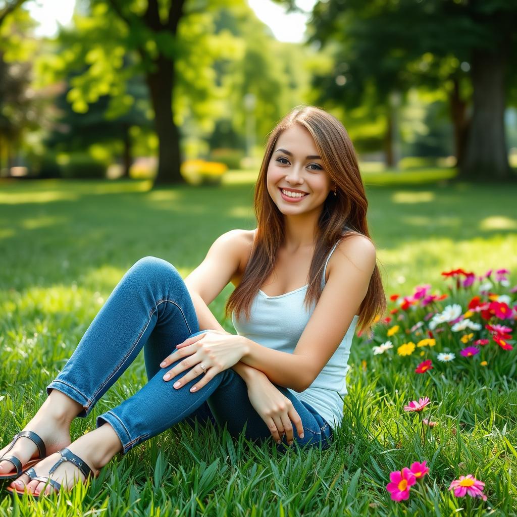 A young attractive woman sitting on the grass in a park, wearing flip-flops and stylish jeans
