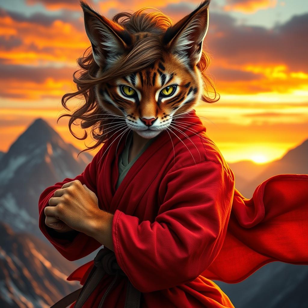 A powerful and fierce female tabaxi monk with striking calico fur, wavy brown hair, and piercing green eyes