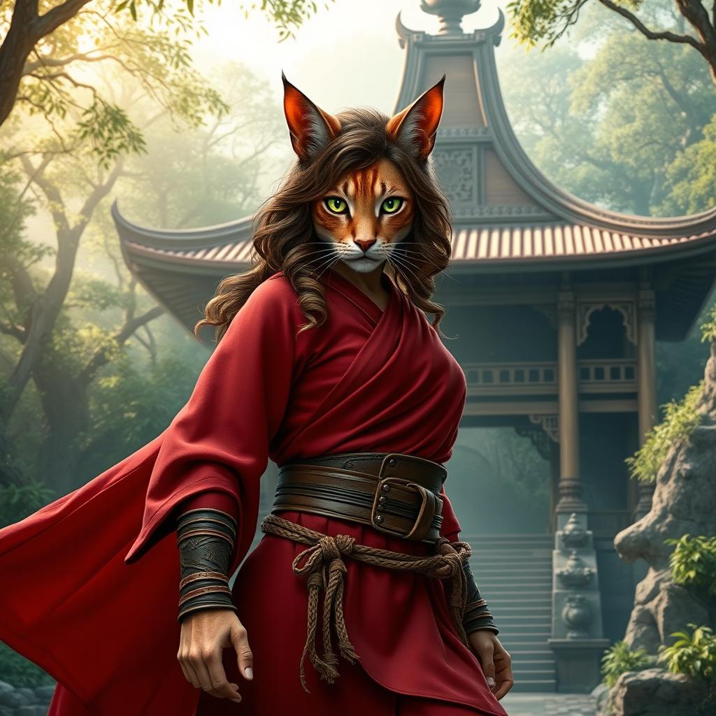 A majestic female tabaxi monk with beautiful tabby fur, wavy brown hair, and captivating green eyes