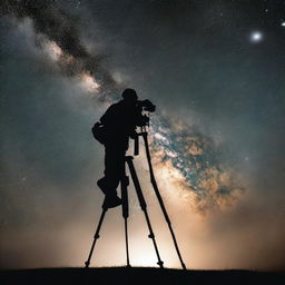 Silhouette of a black photographer, with his camera mounted on a tripod, capturing the Milky Way night sky