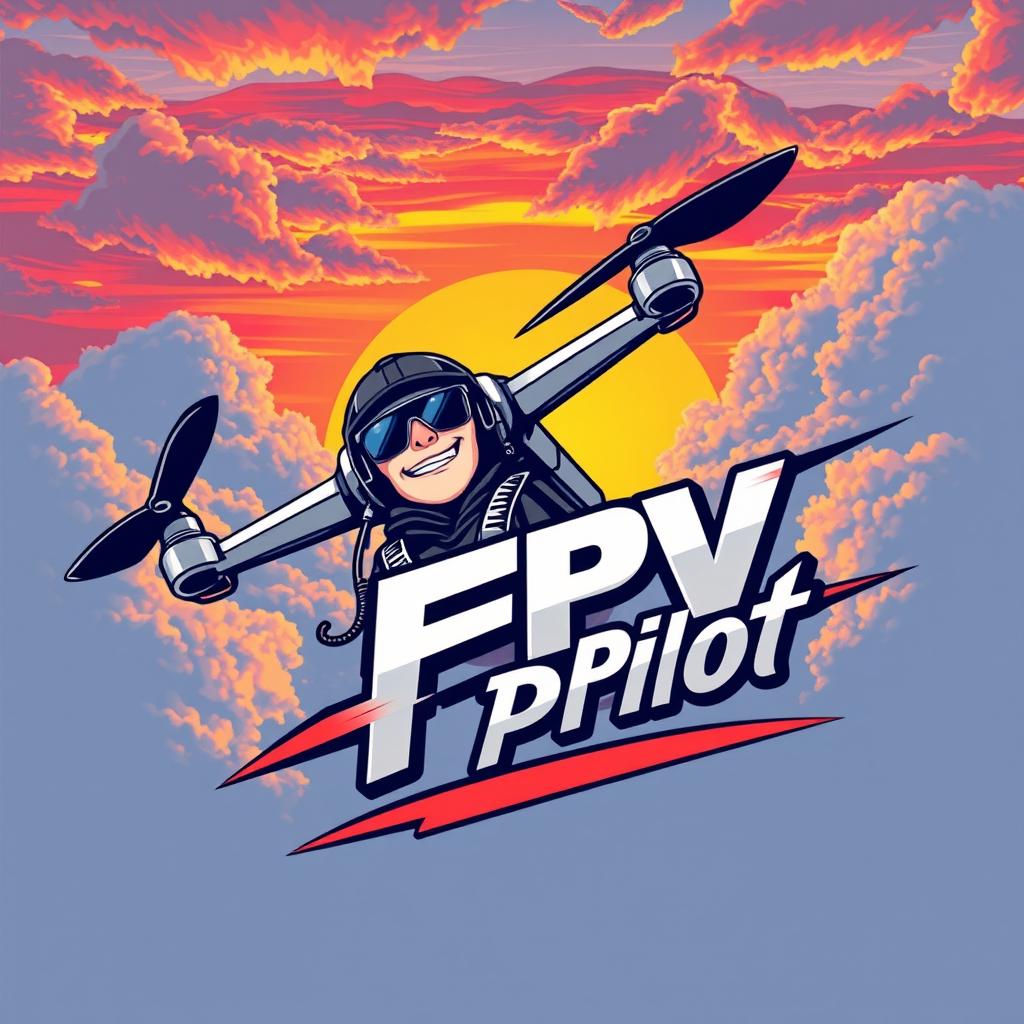 A stylish FPV pilot t-shirt design, featuring a dynamic and detailed illustration of a drone flying through a vibrant sky filled with clouds and a sunset backdrop