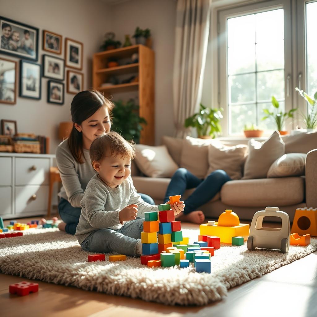 A serene family scene in a cozy living room featuring a loving parent and one child