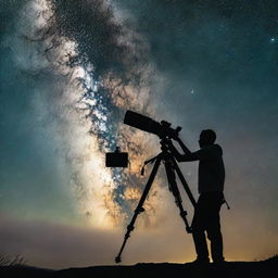 Silhouette of a black photographer, with his camera mounted on a tripod, capturing the Milky Way night sky