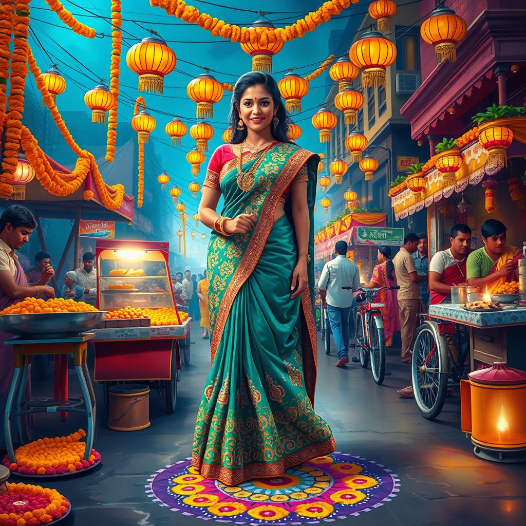 A vivid and colorful interpretation of a traditional Hindu festival setting, featuring a beautiful Indian woman in a stunning saree adorned with intricate patterns and bright colors, surrounded by festive decorations like marigold flowers, lanterns, and colorful rangoli designs on the ground
