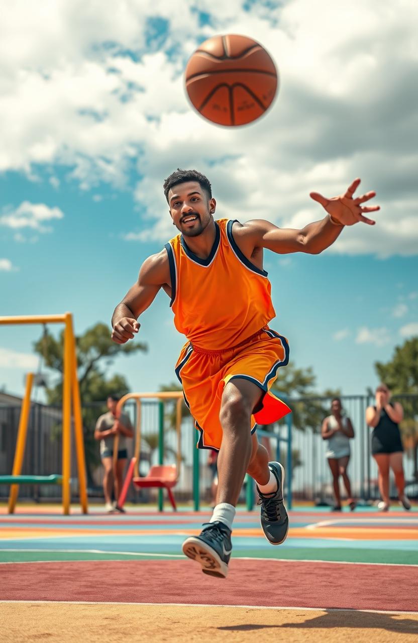 A dynamic scene capturing a basketball player in mid-run on a vibrant playground, stretching out to catch a flying basketball