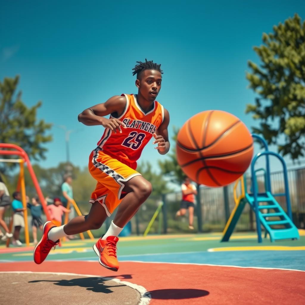 A captivating scene of a basketball player sprinting on a lively playground to catch a bouncing basketball