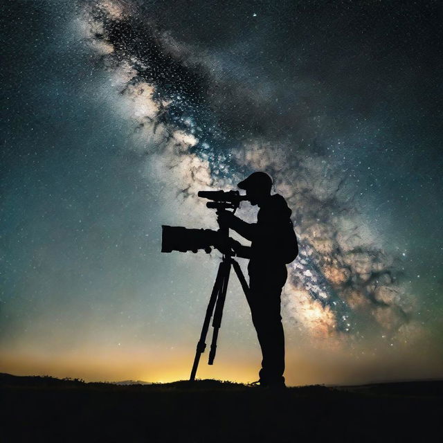 Silhouette of a black photographer, with his camera mounted on a tripod, capturing the Milky Way night sky