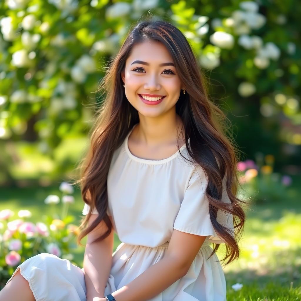A young woman with long, flowing hair sitting in a sunny park, wearing a light summer dress
