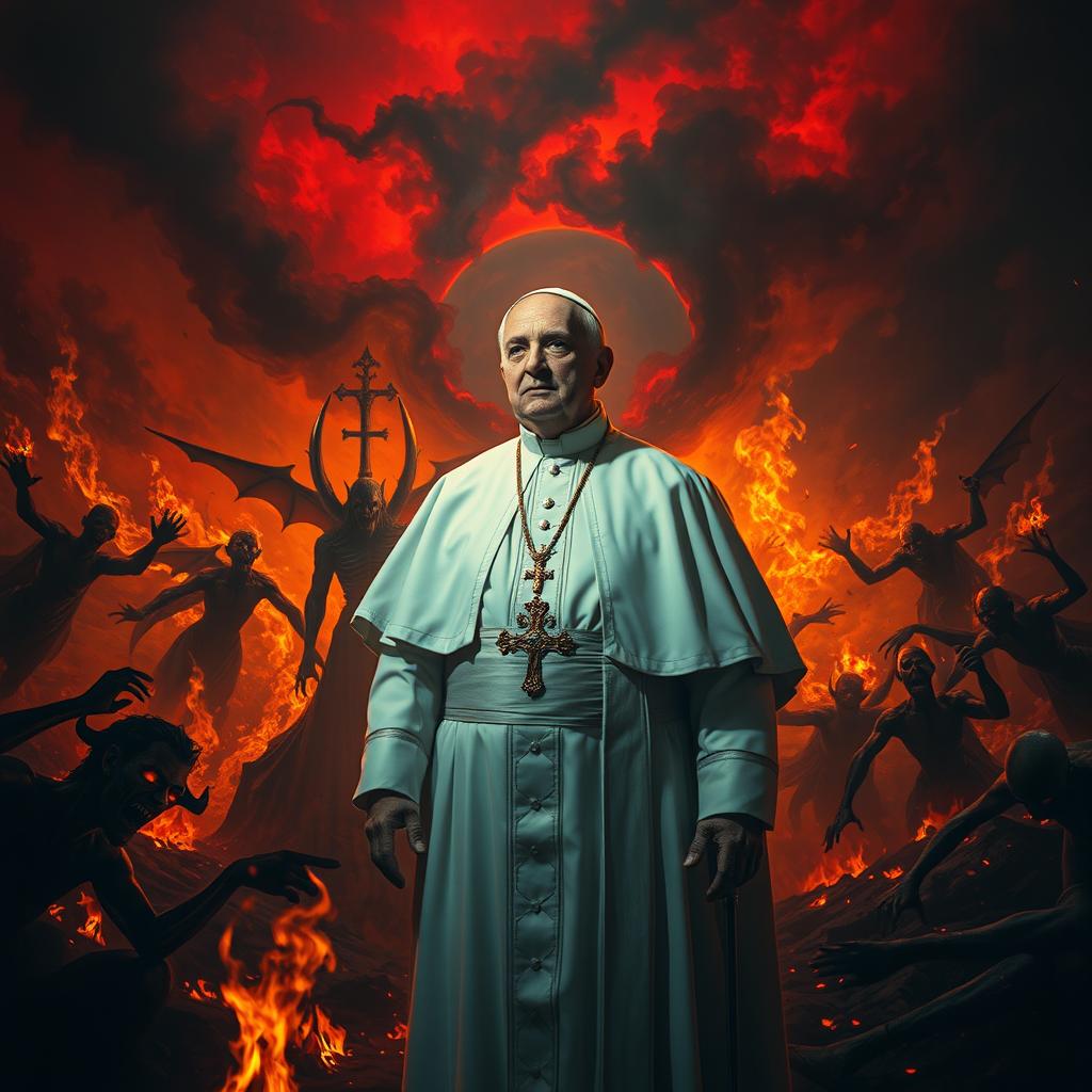 A surreal depiction of a pope in a fiery hellscape, surrounded by swirling flames and dark, ominous shadows