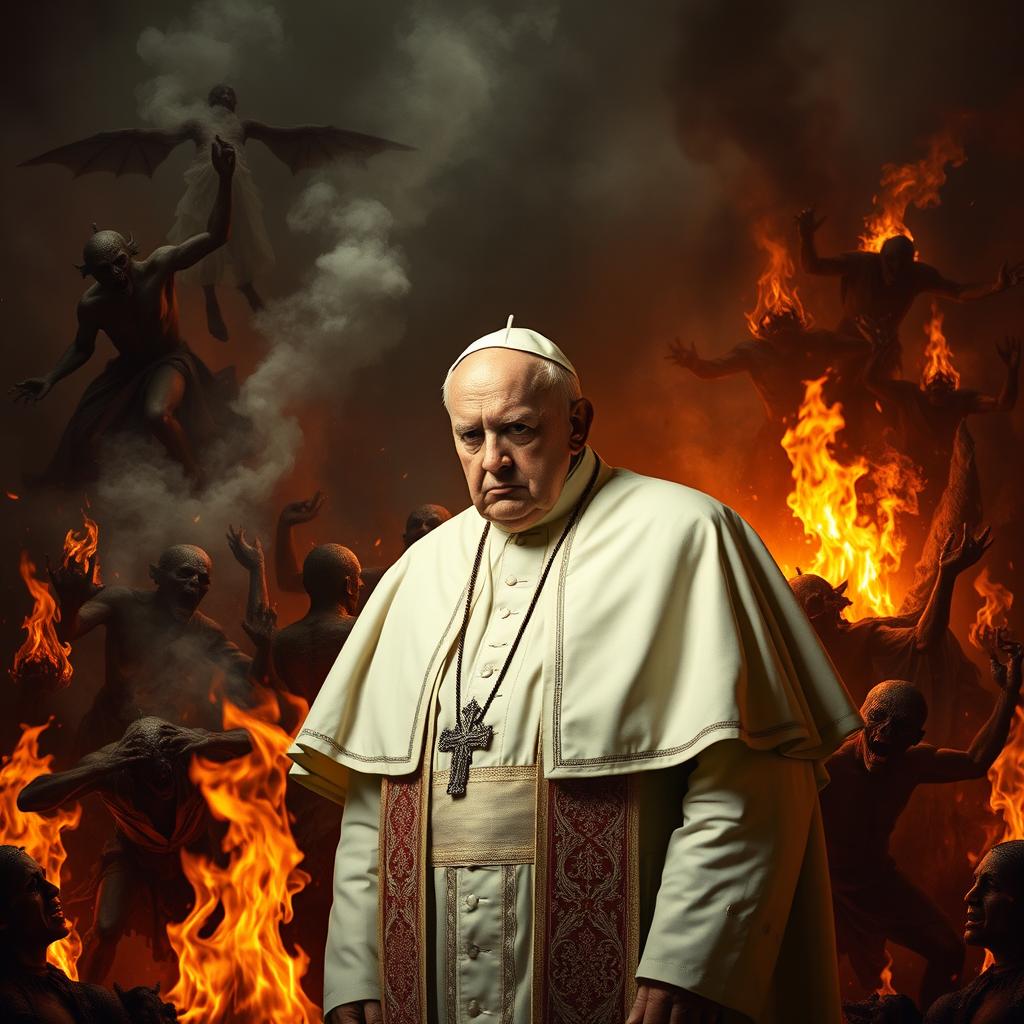 A powerful and thought-provoking scene depicting a stern-looking Pope in a hellish environment