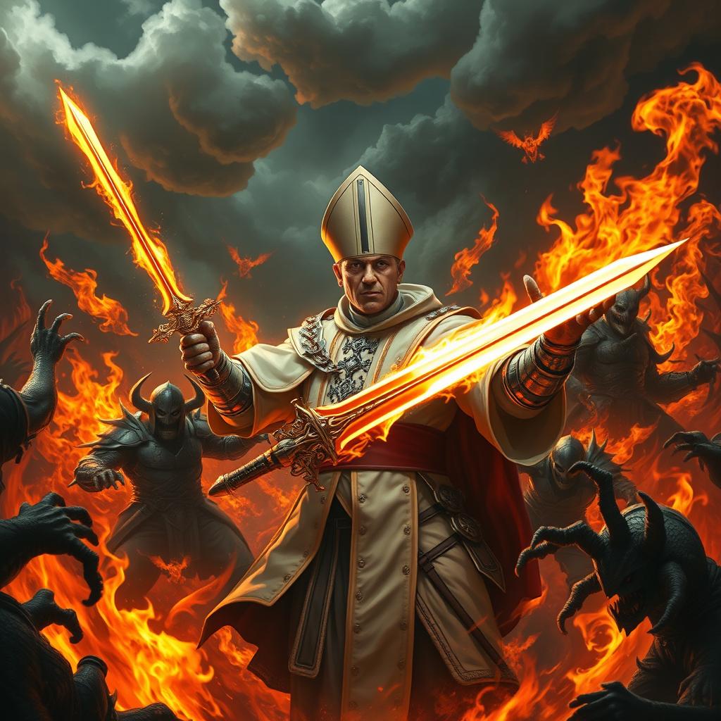 A dramatic and surreal scene depicting a charismatic figure resembling a Pope engaged in a fierce battle in a fiery, chaotic underworld