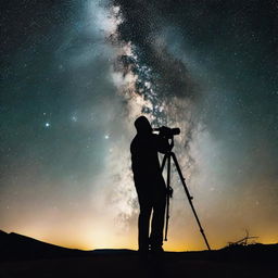 Silhouette of a black photographer, with his camera mounted on a tripod, capturing the Milky Way night sky