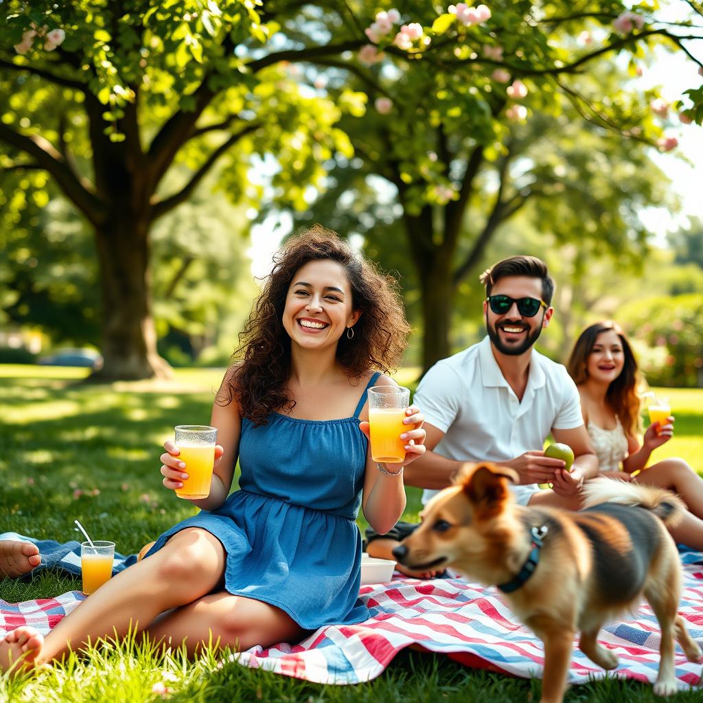 A vibrant outdoor portrait scene showcasing a lively picnic in a park, with a diverse group of friends (four people) laughing and enjoying refreshments