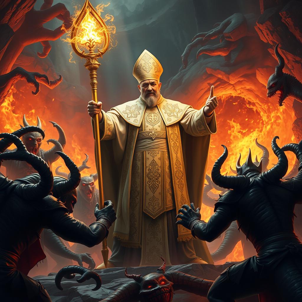 A bold and dramatic scene depicting a heroic Pope engaged in an epic battle within the fiery depths of Tartarus