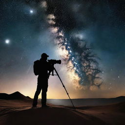 A detailed, realistic image of a black silhouetted photographer, with his camera professionally set on a tripod, set against the captivating background of the Milky Way